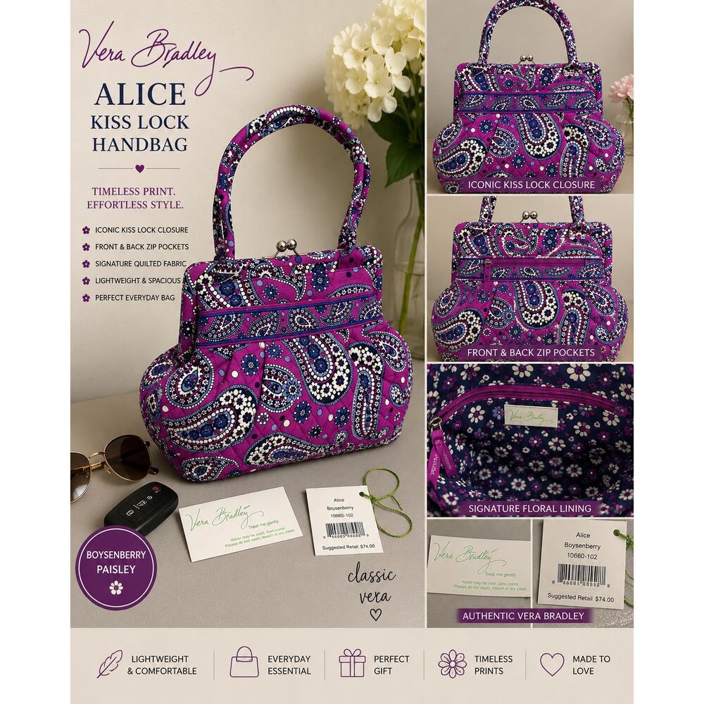 Vera Bradley Alice Kiss Lock Bag Boysenberry Paisley NWT